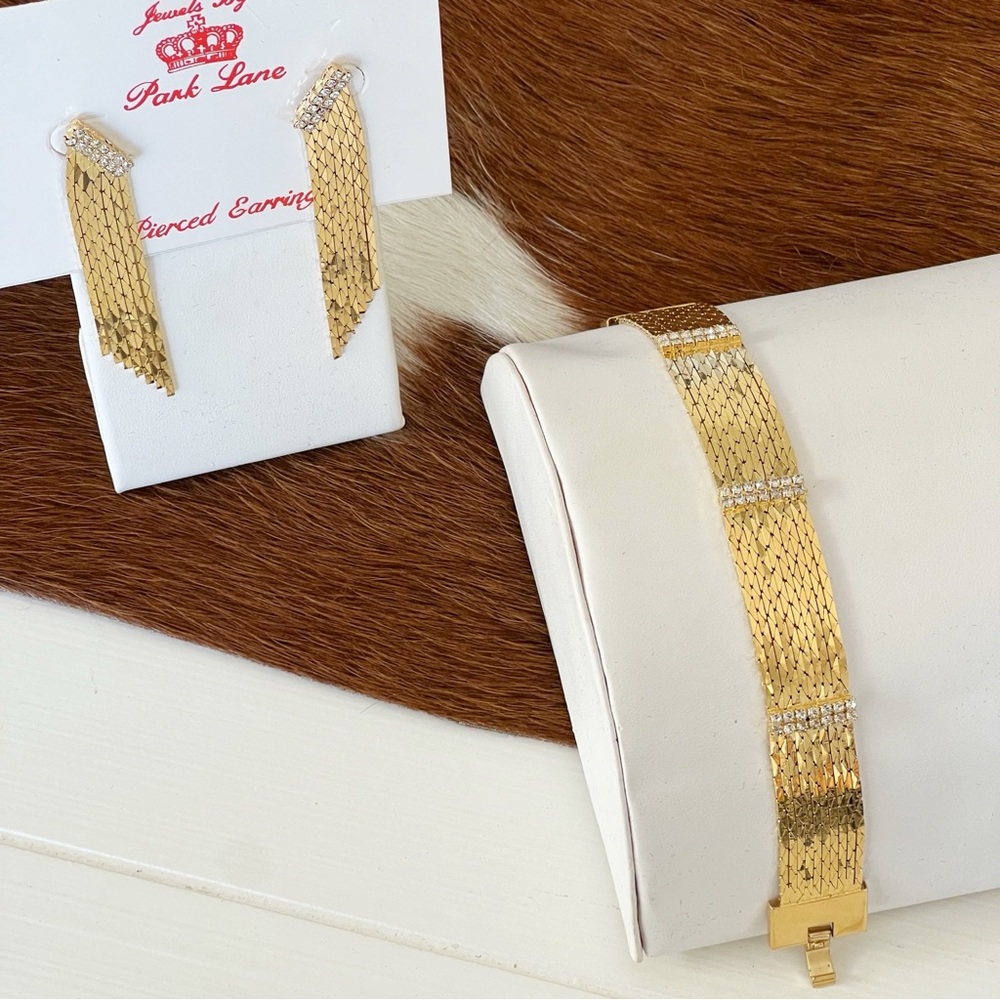 Park Lane Vintage Gold Plate Crystal Bracelet and Gold Tassel Earring Set 80s
